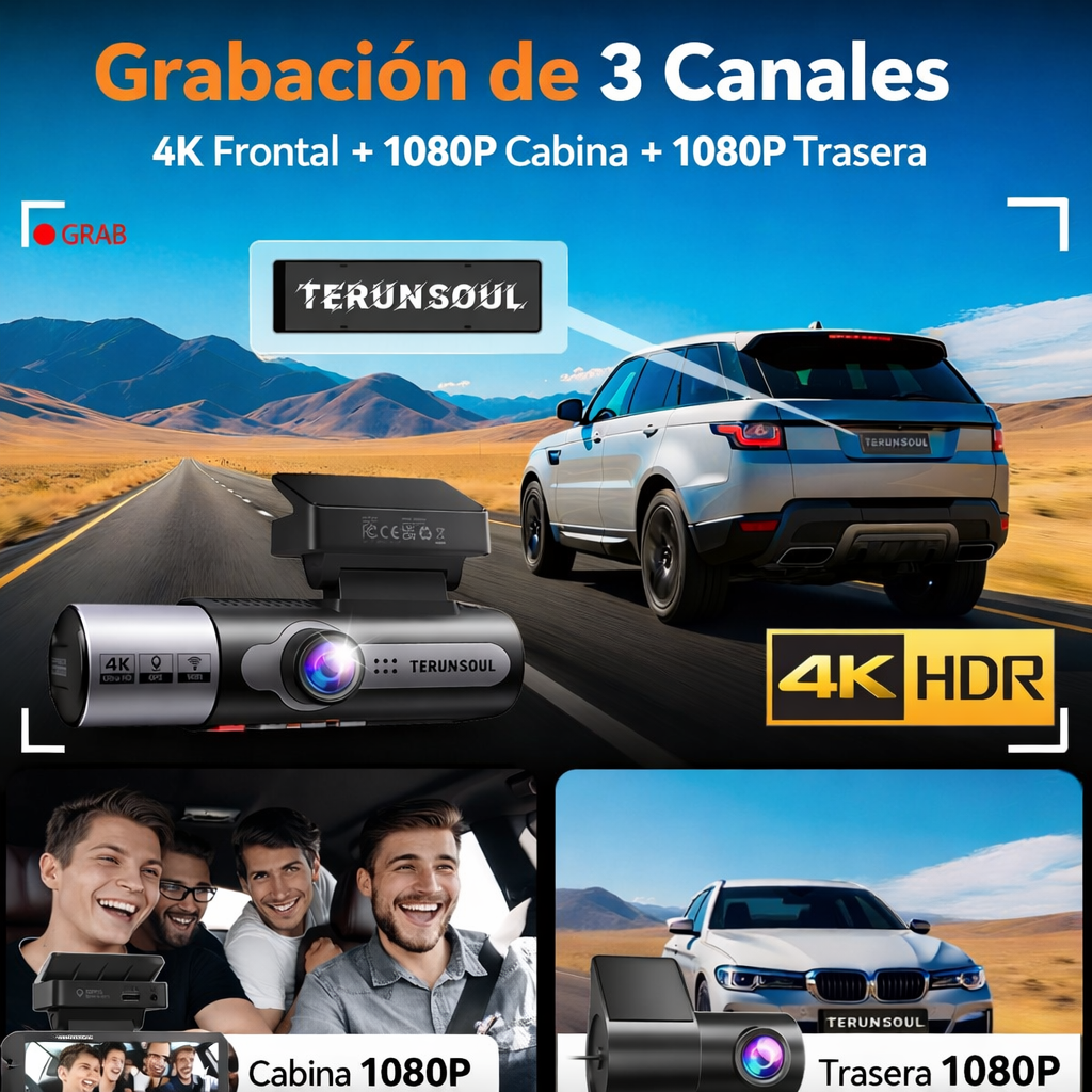 Cámara Vehicular 4K Triple (Frontal + Trasera + Interior)