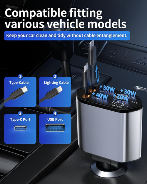 Cargador Retráctil de Carro 4 en 1- Starlight Pro™ –