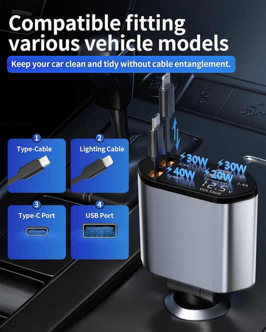 Cargador Retráctil de Carro 4 en 1- Starlight Pro™ –