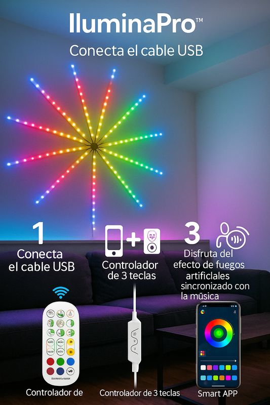 IluminaPro™ - Luces LED Inteligentes con Efecto de Fuegos Artificiales.