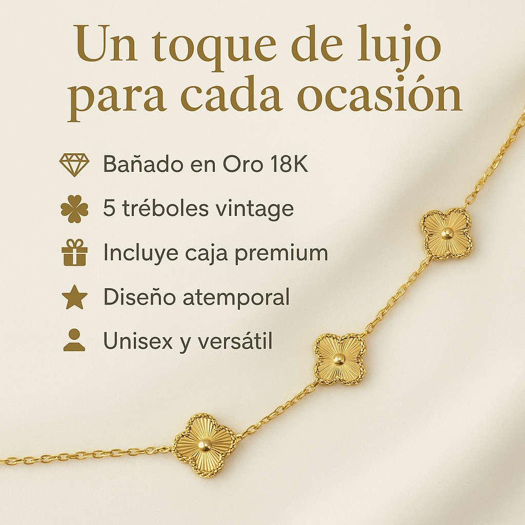 Collar Van Cleef Vintage 5 Trébol Bañado en Oro 18K