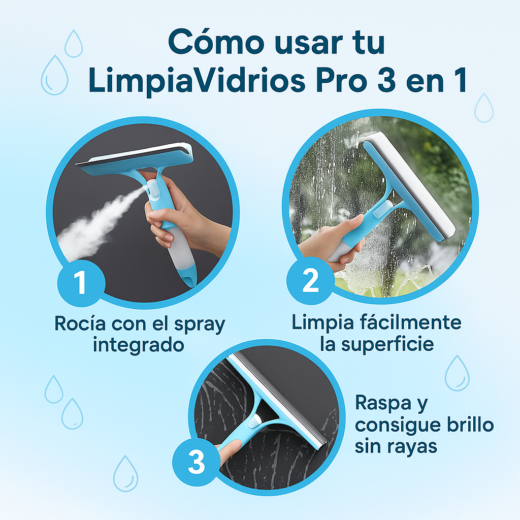 Limpia Vidrios Pro 3 en 1 - Limpieza rápida, sin manchas ni esfuerzo